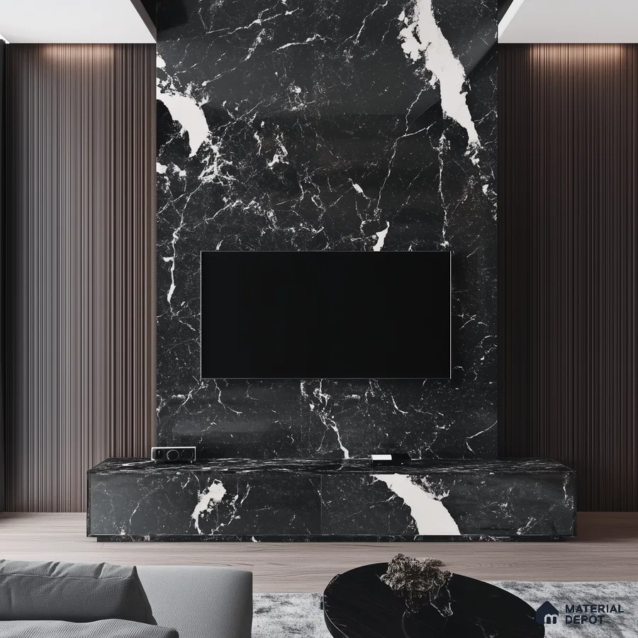 Luxury TV Unit With White Marble Laminate And Natural Wood Finishes | Material Depot