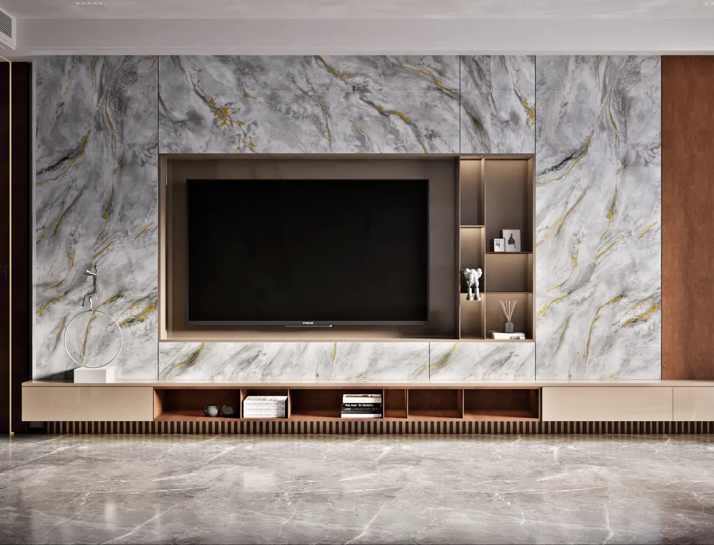Modern TV unit with white marble laminate, gold vein accents, and ...