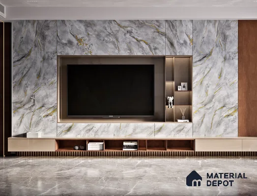 Modern TV Unit With Grey Marble Laminate And Wooden Shelves | Material Depot