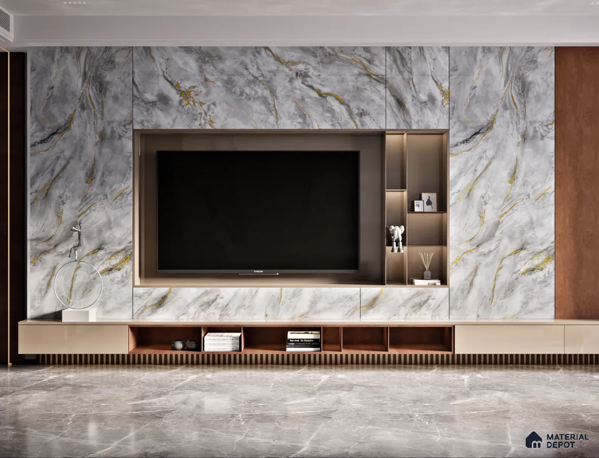 Modern TV Unit With Grey Marble Laminate And Wooden Shelves | Material Depot