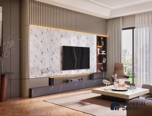 Luxury TV Unit With White Marble Laminate And Natural Wood Finishes | Material Depot