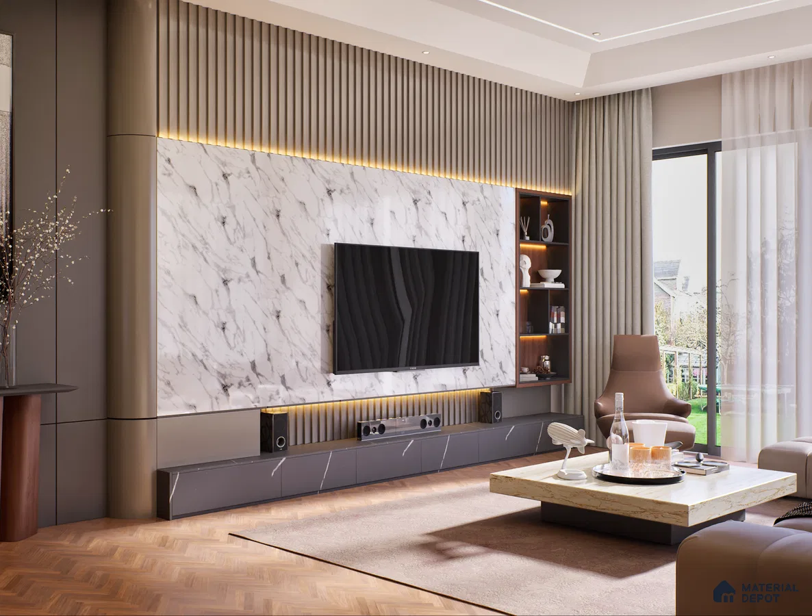 Luxury TV Unit With White Marble Laminate And Natural Wood Finishes | Material Depot