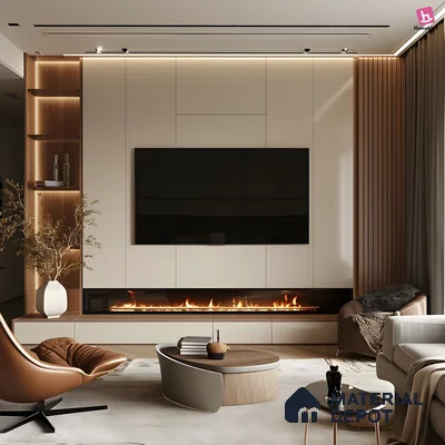 Luxury Tv Wall Design With Fluted Dark Panels And Integrated Marble Fireplace | Material Depot