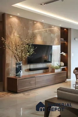 Luxury Tv Wall Unit With Marble Paneling And Wooden Media Console | Material Depot