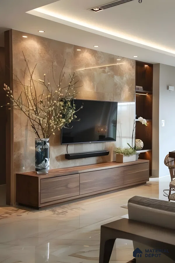 Luxury Tv Wall Unit With Marble Paneling And Wooden Media Console | Material Depot