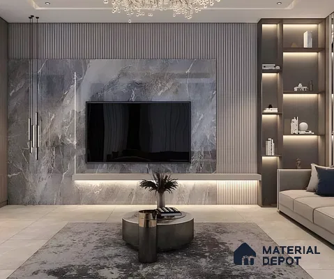 Luxury Tv Wall With Grey Marble And Backlit Fluted Accents | Material Depot