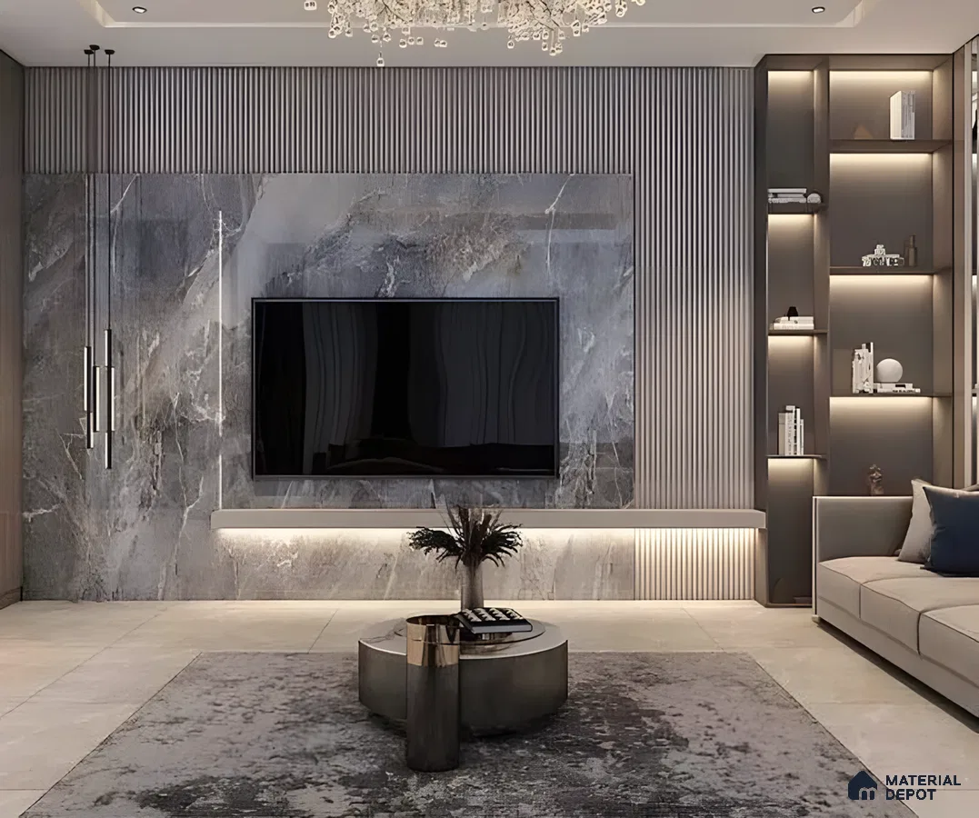 Luxury Tv Wall With Grey Marble And Backlit Fluted Accents | Material Depot