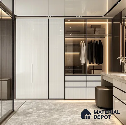 Luxury Walk-In Closet with Fluted Acrylic Panels and Ambient Lighting | Material Depot