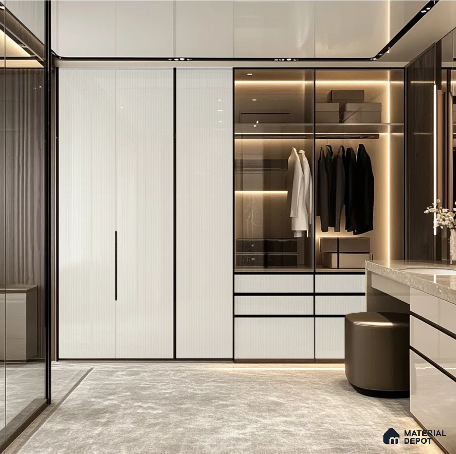 Luxury Walk-In Closet with Fluted Acrylic Panels and Ambient Lighting | Material Depot