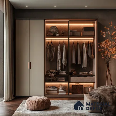 Luxury Walk-in Wardrobe with Soft Lighting and Minimalist Design | Material Depot