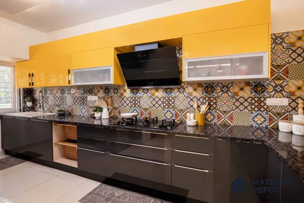 Stylish yellow and black theme kitchen in a luxury 3 BHK duplex in Bangalore, combining modern aesthetics and functionality for a contemporary living space.