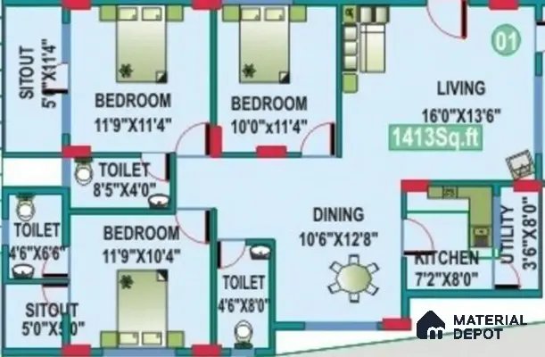 Modern 3BHK apartment floor plan with kitchen, living, dining, bedrooms, and utility in 3 BHK apartment Mahaveer Cedar Chikkasandra Bengaluru