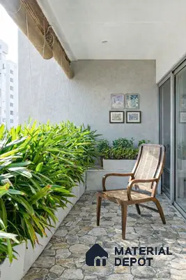 Scandinavian balcony with natural stone floor tiles and cane chair in 3 BHK apartment Mahaveer Cedar Chikkasandra Bengaluru