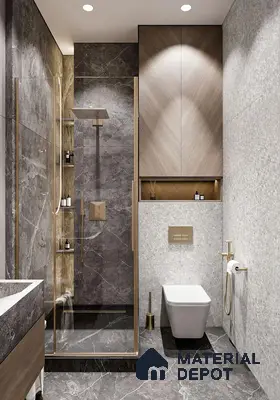 Modern bathroom with grey marble wall and floor tiles, light wood laminate cabinets, and gold fixtures in 3 BHK apartment Mahaveer Cedar Chikkasandra Bengaluru