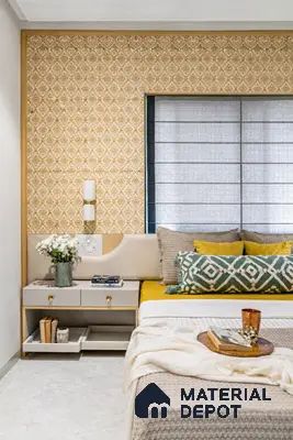 Modern bedroom with yellow patterned wallpaper, beige upholstered headboard, and white marble floor tile in 3 BHK apartment Mahaveer Cedar Chikkasandra Bengaluru