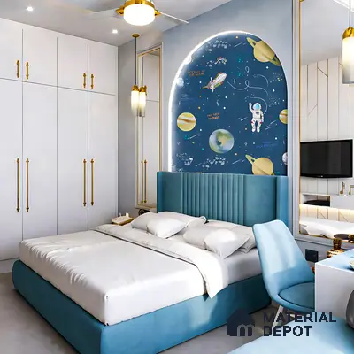 Modern kids room with space-themed wallpaper, frosty white laminate wardrobe, and blue suede upholstered bed in 3 BHK apartment Mahaveer Cedar Chikkasandra Bengaluru