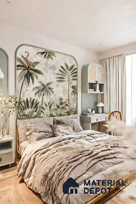 Scandinavian bedroom with tropical wallpaper, cane detail, and light wood flooring in 3 BHK apartment Mahaveer Cedar Chikkasandra Bengaluru