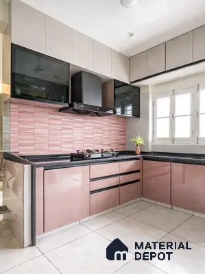 Modern dual tone kitchen with blush pink high gloss laminate, pastel beige laminate, and pink geometric backsplash tile in 3 BHK apartment Mahaveer Cedar Chikkasandra Bengaluru