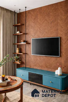 Mid-century modern living room with herringbone wood wall panels and teal blue laminate TV unit in 3 BHK apartment Mahaveer Cedar Chikkasandra Bengaluru