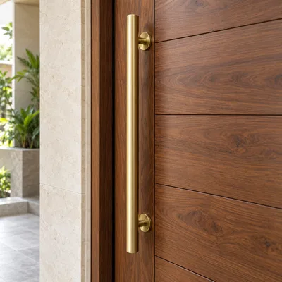 Main Door Handles - tall brass pull handle mounted on a walnut wood main door
