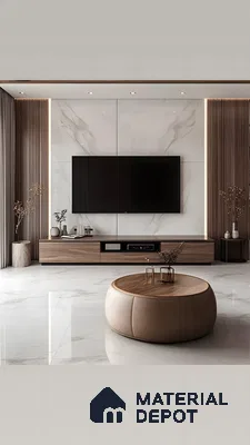 Marble & Wood Tv Wall Unit With Vertical Fluted Panels And Round Ottoman Table | Material Depot