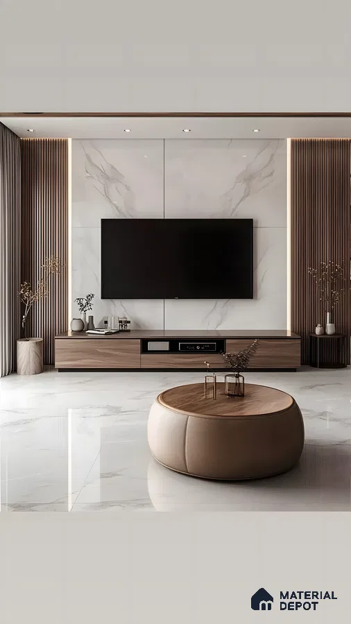 Marble & Wood Tv Wall Unit With Vertical Fluted Panels And Round Ottoman Table | Material Depot