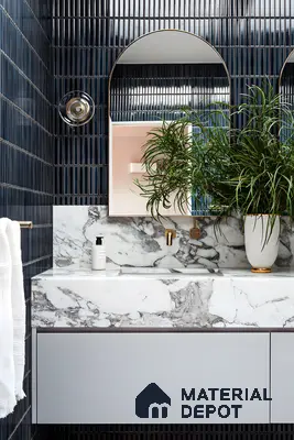 Marble and Navy Blue Bathroom Vanity with Vertical Subway Tiles | Material Depot