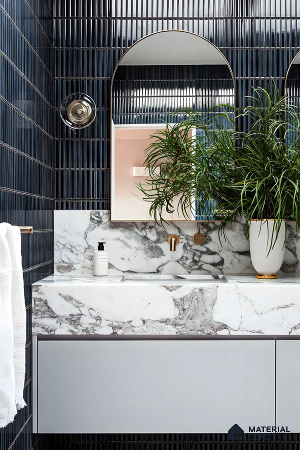 Marble and Navy Blue Bathroom Vanity with Vertical Subway Tiles | Material Depot