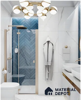 Luxury Marble and Blue Herringbone Tile Bathroom with Gold Accents | Material Depot