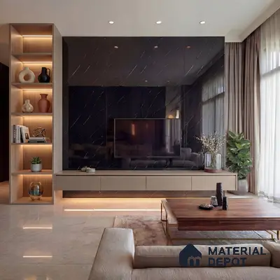 Modern living room with black marble-look laminate TV wall, beige floating cabinet, and marble floor tile