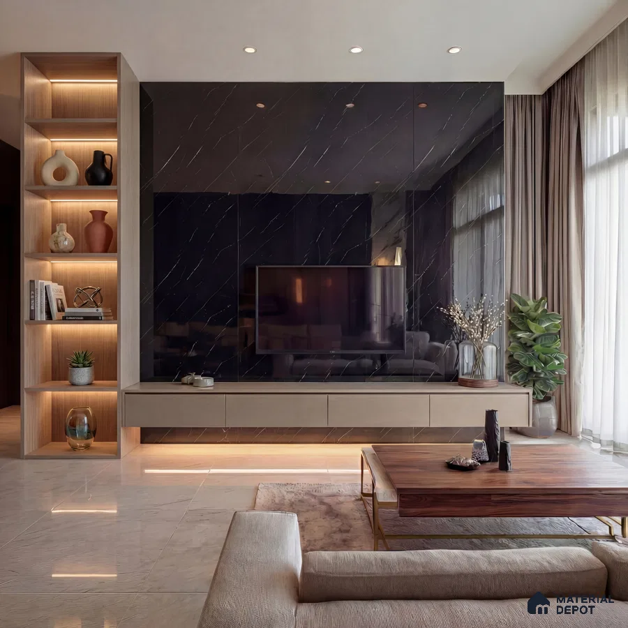 Modern living room with black marble-look laminate TV wall, beige floating cabinet, and marble floor tile