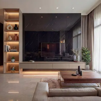 Modern living room with black marble-look laminate TV wall, beige floating cabinet, and marble floor tile