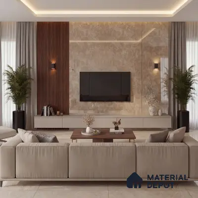 Modern living room with beige marble laminate TV wall and walnut wood fluted panels