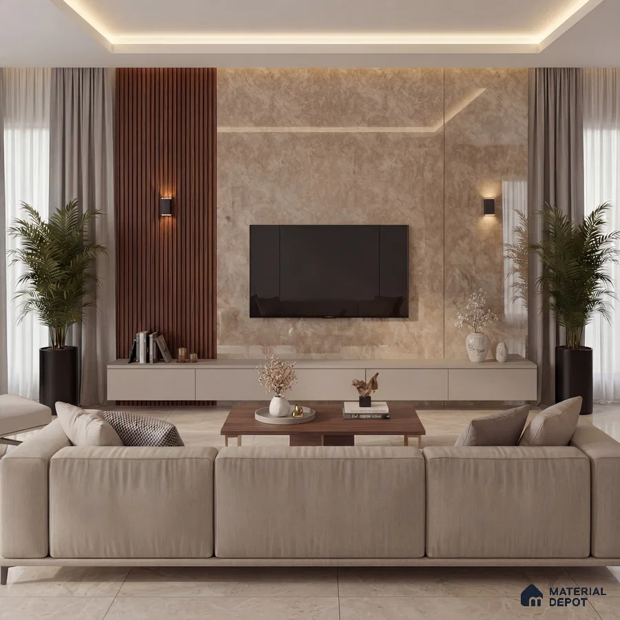 Modern living room with beige marble laminate TV wall and walnut wood fluted panels