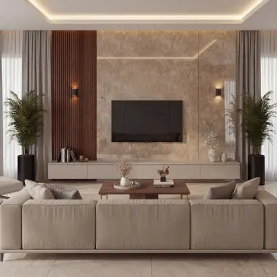 Modern living room with beige marble laminate TV wall and walnut wood fluted panels