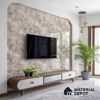 Modern living room with textured beige wall finish and walnut wood TV unit