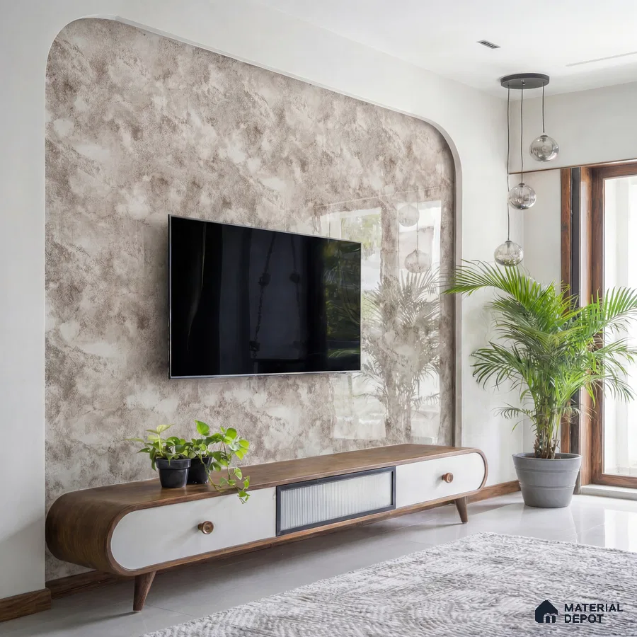 Modern living room with textured beige wall finish and walnut wood TV unit