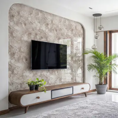 Modern living room with textured beige wall finish and walnut wood TV unit
