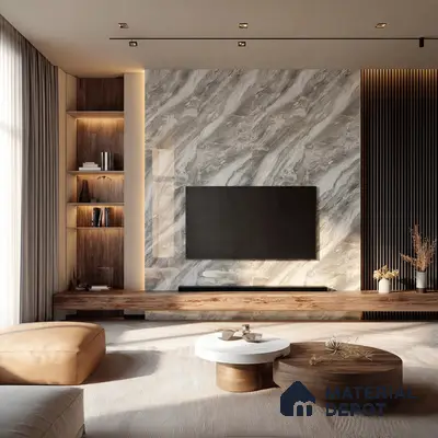 Modern living room with grey marble laminate TV wall, walnut wood louvers, and natural wood floating console