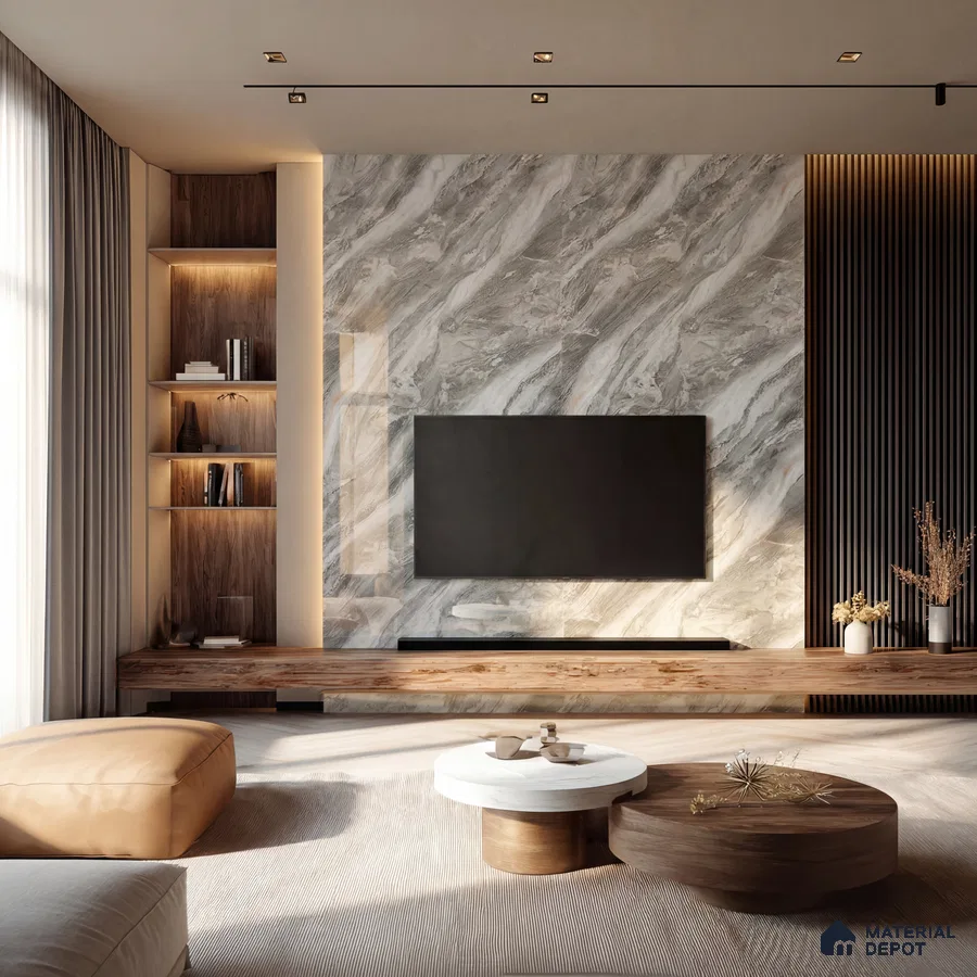 Modern living room with grey marble laminate TV wall, walnut wood louvers, and natural wood floating console