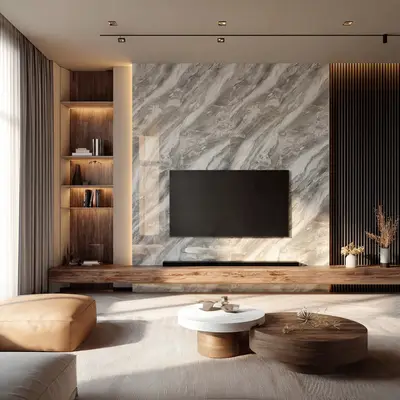 Modern living room with grey marble laminate TV wall, walnut wood louvers, and natural wood floating console