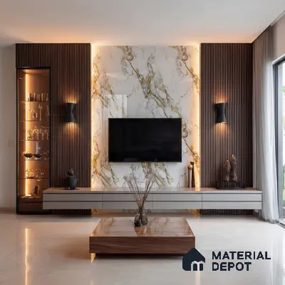 Modern living room with gold vein marble laminate TV wall, walnut wood louvers, and beige marble floor tile