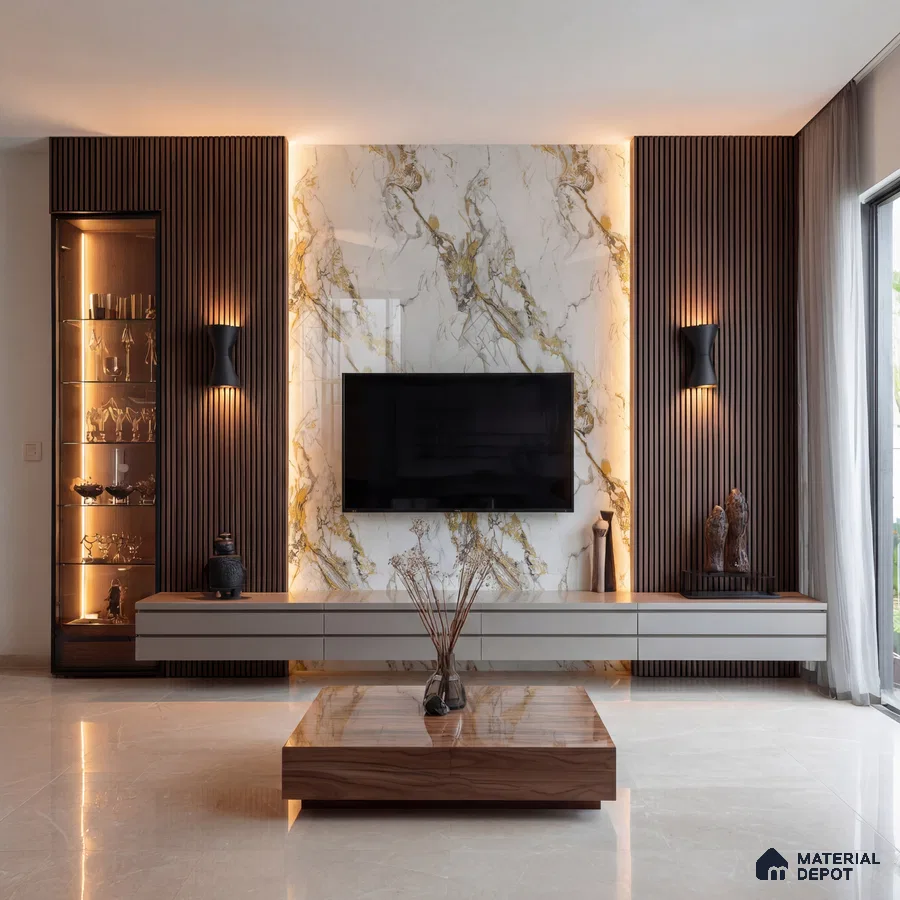 Modern living room with gold vein marble laminate TV wall, walnut wood louvers, and beige marble floor tile