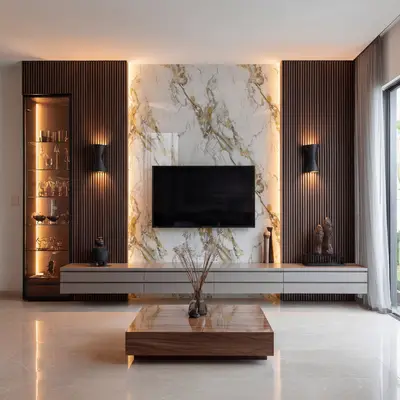 Modern living room with gold vein marble laminate TV wall, walnut wood louvers, and beige marble floor tile