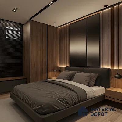 Masculine Modern Bedroom Design with Wood Paneling and Integrated Lighting Pashmina Lagoon Residences KR Puram | Material Depot