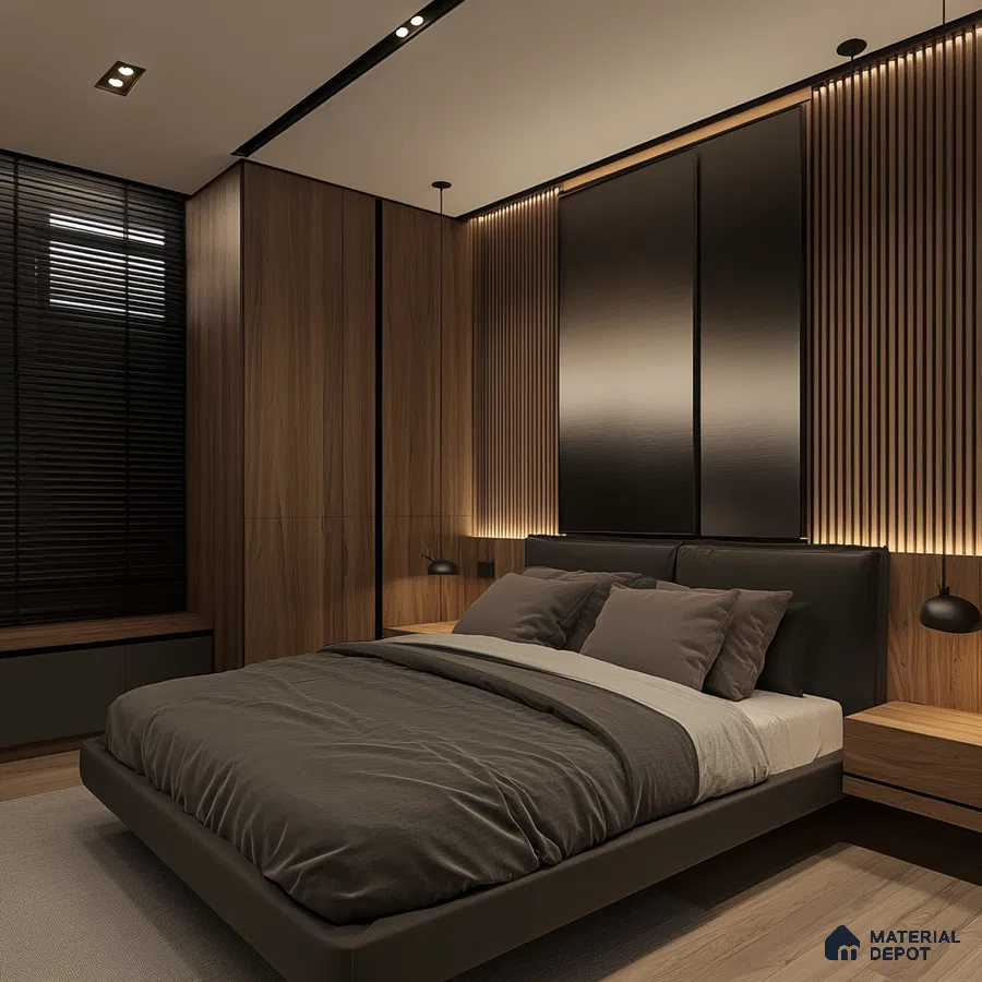 Masculine Modern Bedroom Design with Wood Paneling and Integrated Lighting Pashmina Lagoon Residences KR Puram | Material Depot