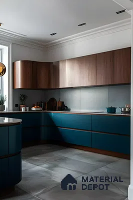 Matte Blue And Oakwood Modern Kitchen | Material Depot