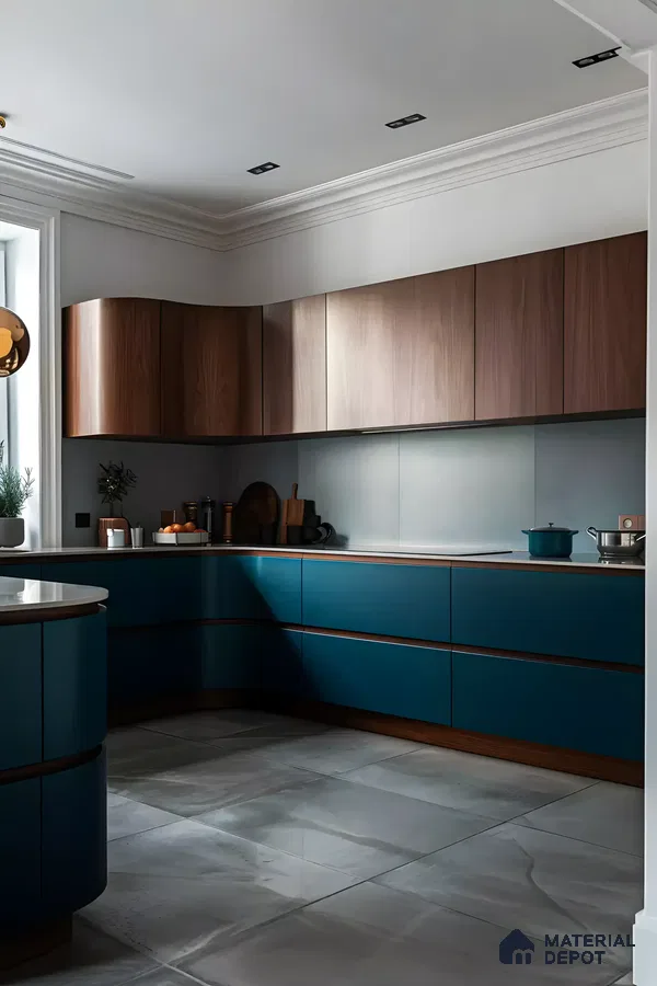 Matte Blue And Oakwood Modern Kitchen | Material Depot