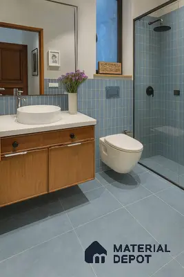 Matte Blue Grid Wall & Floor Tiles, White Quartz Countertop, Wood-Look Laminate Floating Vanity, Black Hardware & Frameless Glass Shower in Prestige Misty Waters Hebbal | Material Depot