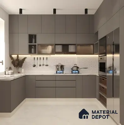 Matte Charcoal Kitchen With Warm Lighting And Honeycomb Backsplash | Material Depot